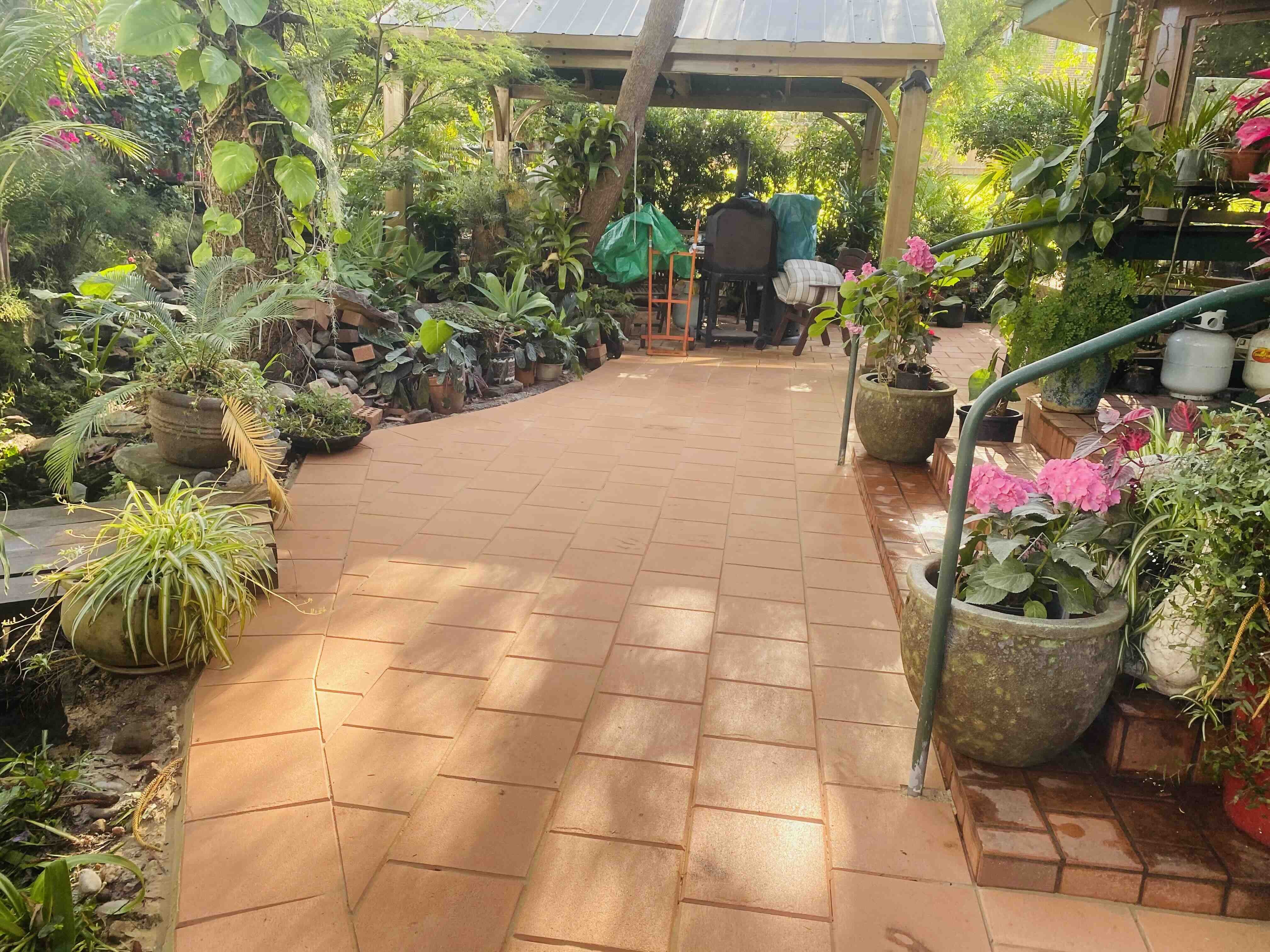 Terracotta paved courtyard surrounded by lush tropical plants and potted flowers under a timber gazebo